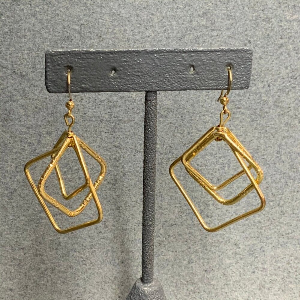 Dangle Pierced Earrings Gold Square Triple Hoop Texture Retro Classic 80s 90s